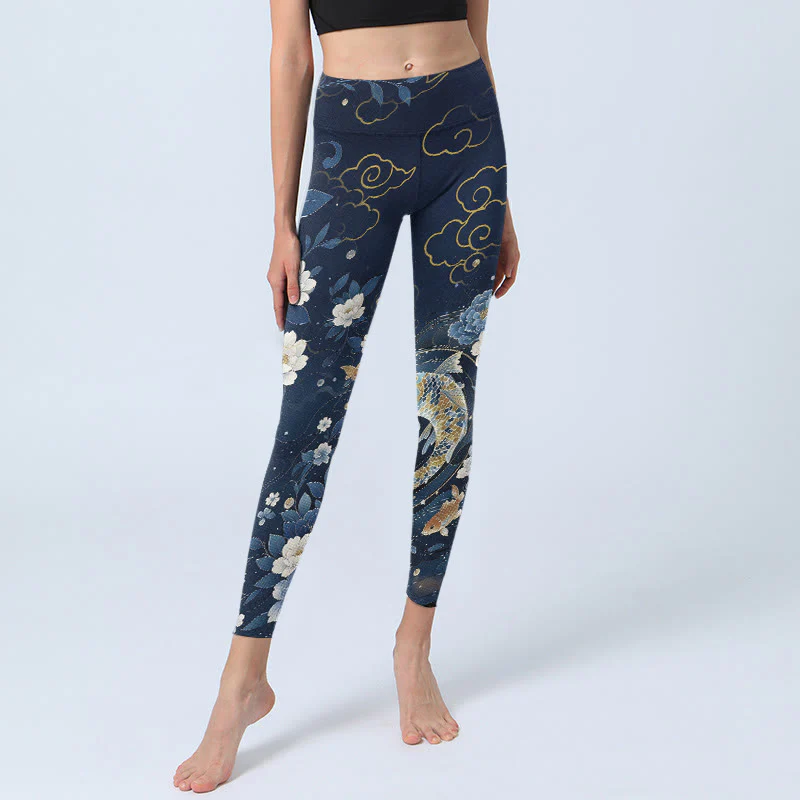 Buddha Stones Leggings da palestra con stampa di pesci koi e fiori di peonia blu e bianchi, pantaloni da yoga da donna - Image 6