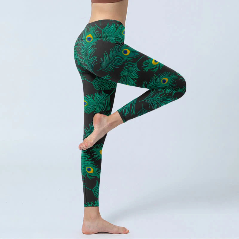 Buddha Stones Leggings da palestra con stampa di piume di pavone retrò, pantaloni da yoga da donna - Image 4
