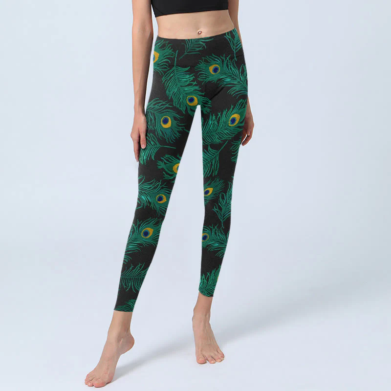 Buddha Stones Leggings da palestra con stampa di piume di pavone retrò, pantaloni da yoga da donna - Image 6