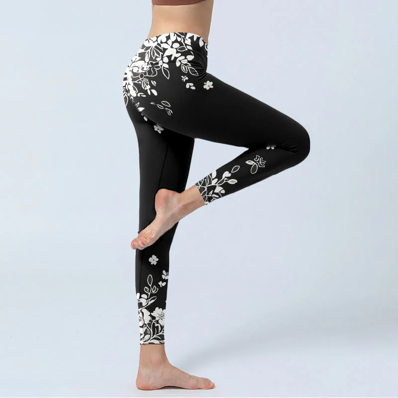 Buddha Stones Leggings da palestra con stampa floreale a contrasto bianco e nero, pantaloni da yoga da donna - Image 4