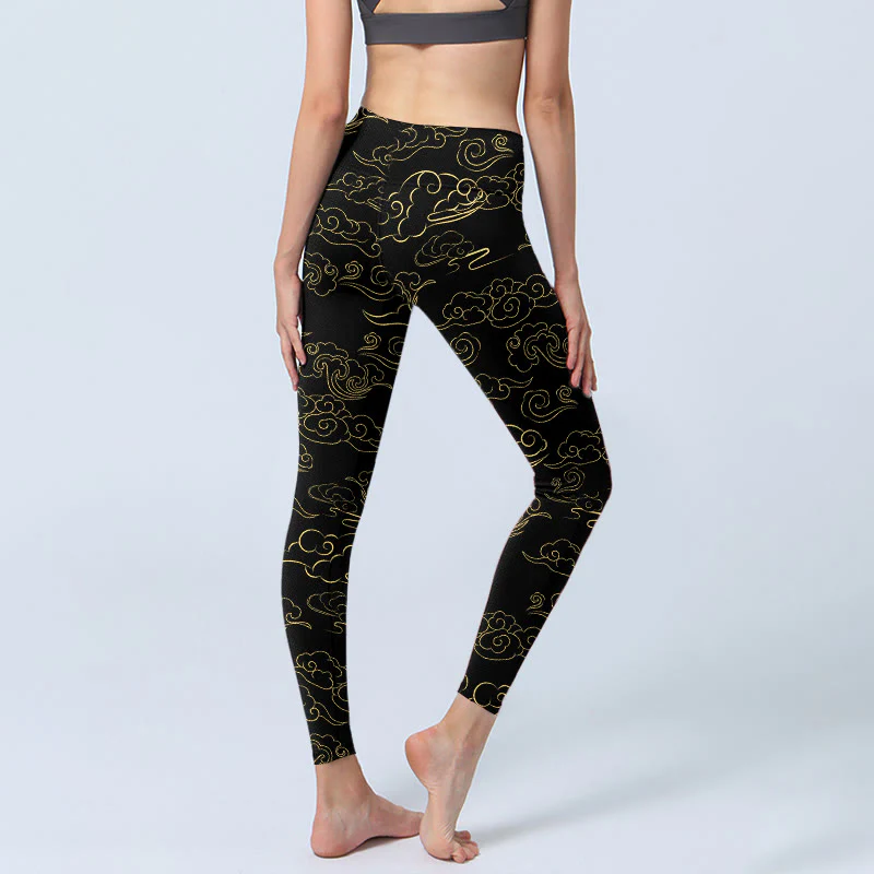 Buddha Stones Leggings da palestra con stampa nuvole dorate, pantaloni da yoga da donna - Image 5