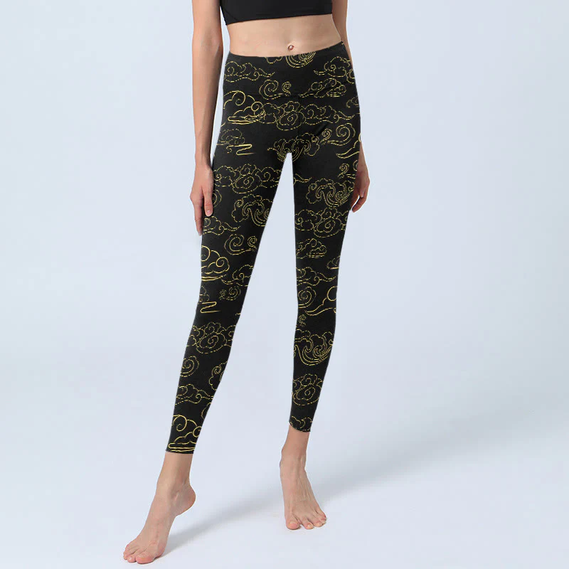 Buddha Stones Leggings da palestra con stampa nuvole dorate, pantaloni da yoga da donna - Image 6