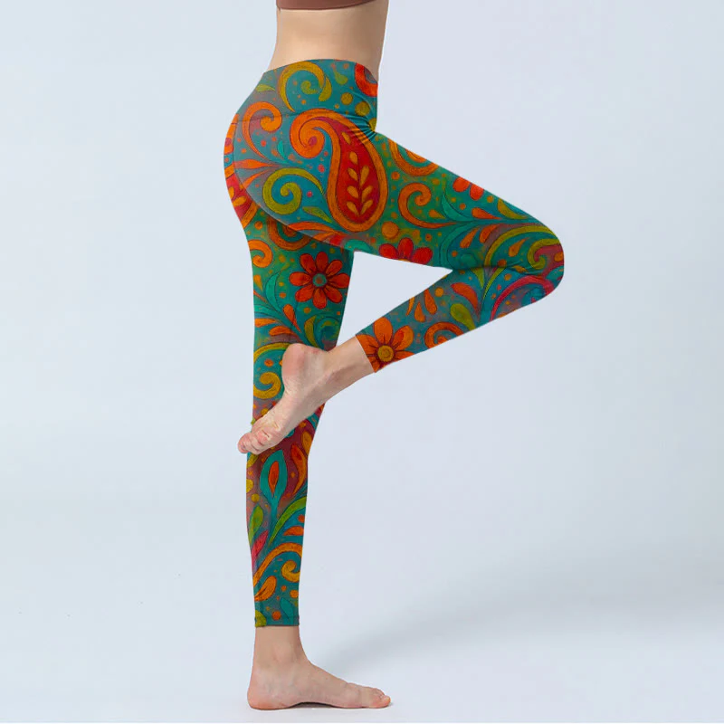 Buddha Stones Leggings da palestra con stampa paisley e fiori vorticosi e vivaci, pantaloni da yoga da donna - Image 4