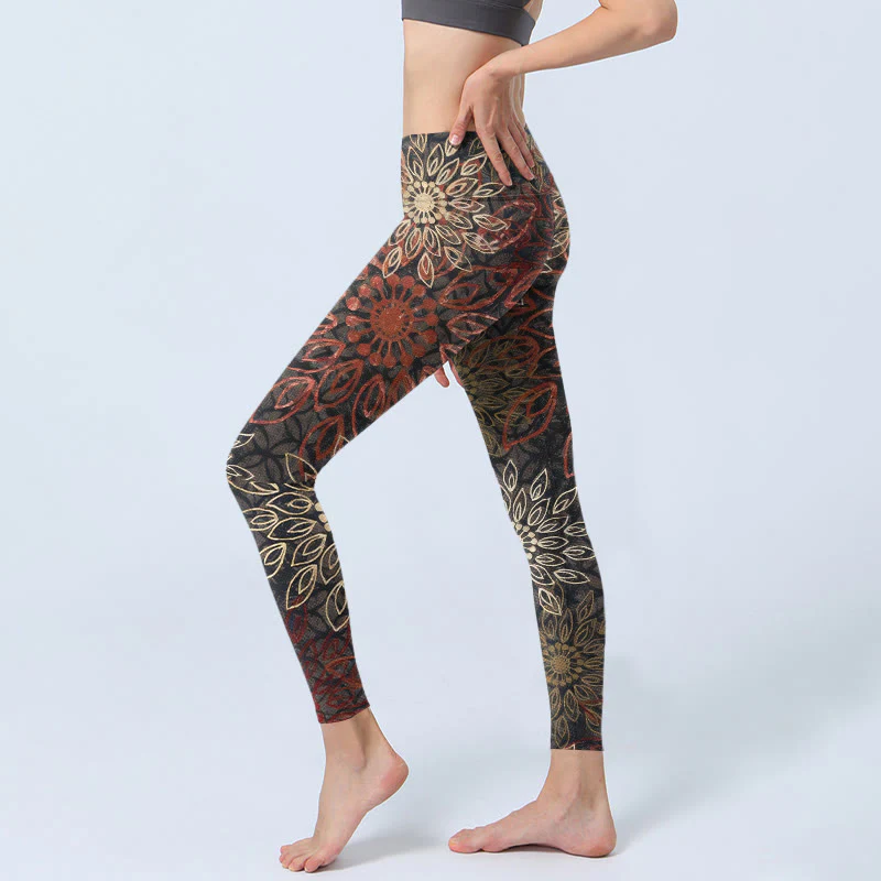 Buddha Stones Leggings da palestra con stampa simmetrica a fiori retrò, pantaloni da yoga da donna - Image 3