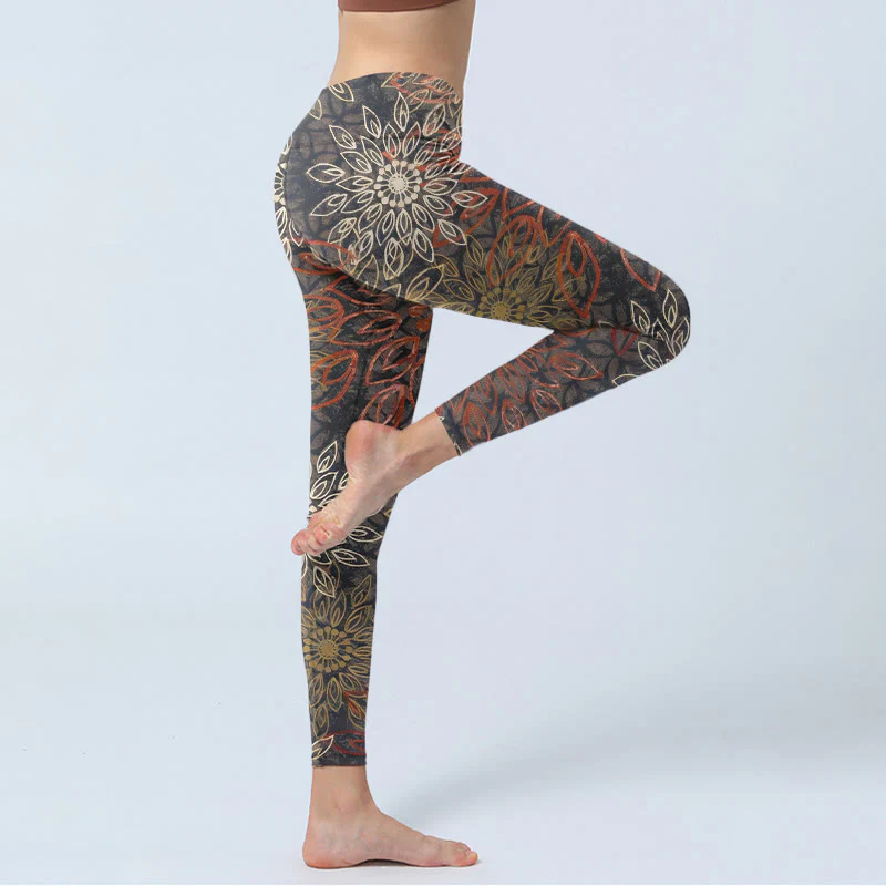 Buddha Stones Leggings da palestra con stampa simmetrica a fiori retrò, pantaloni da yoga da donna - Image 4
