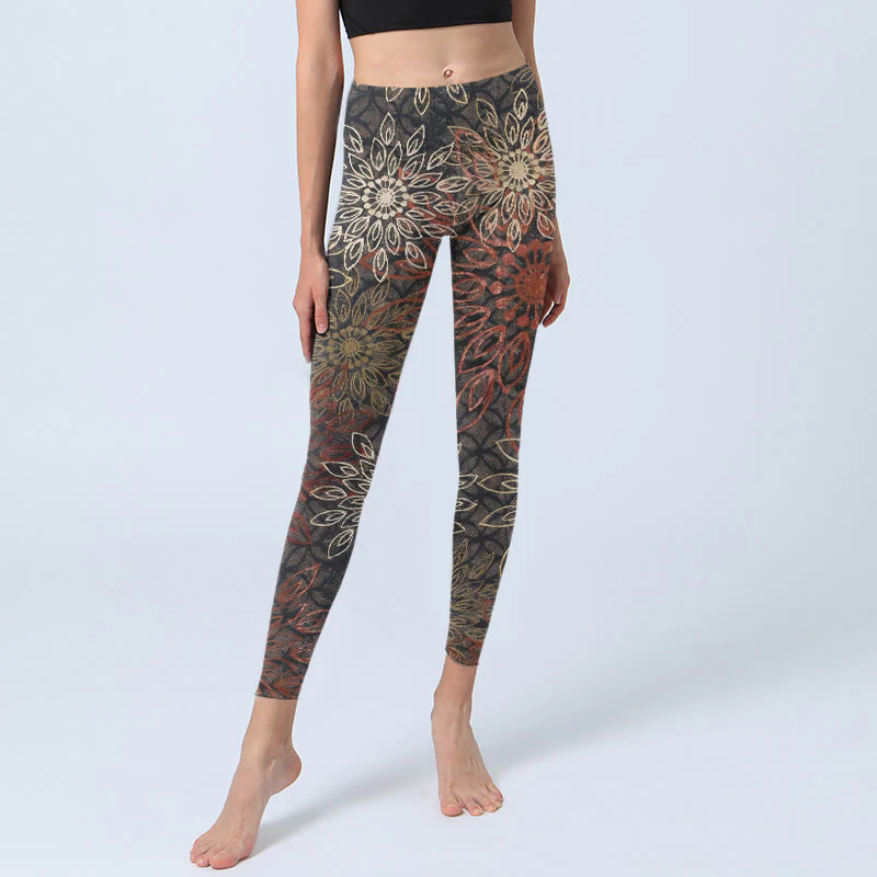 Buddha Stones Leggings da palestra con stampa simmetrica a fiori retrò, pantaloni da yoga da donna - Image 6