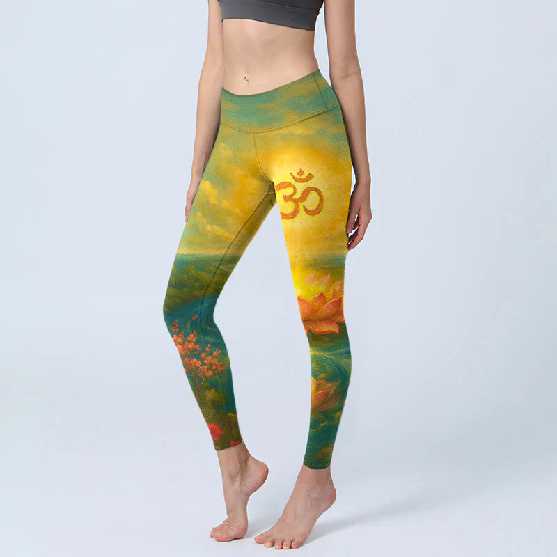 Buddha Stones Leggings da palestra con stampa simmetrica del simbolo Om, fiore di loto, piccolo albero di fiori, motivo a nuvola, pantaloni da yoga da donna