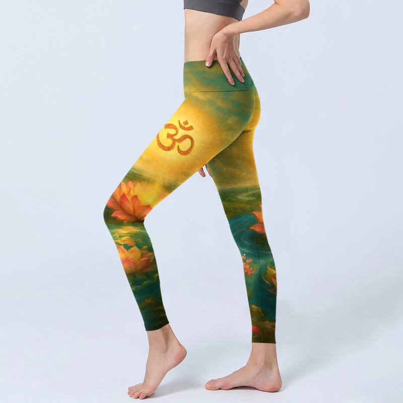 Buddha Stones Leggings da palestra con stampa simmetrica del simbolo Om, fiore di loto, piccolo albero di fiori, motivo a nuvola, pantaloni da yoga da donna - Image 3
