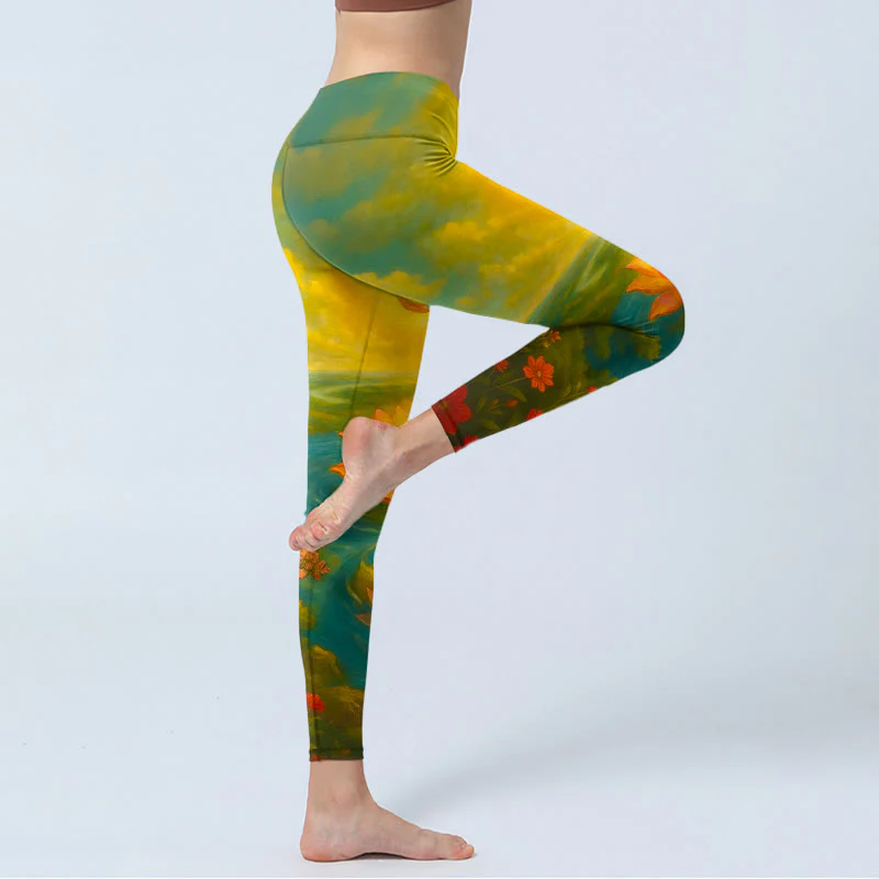 Buddha Stones Leggings da palestra con stampa simmetrica del simbolo Om, fiore di loto, piccolo albero di fiori, motivo a nuvola, pantaloni da yoga da donna - Image 4