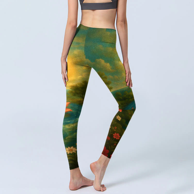 Buddha Stones Leggings da palestra con stampa simmetrica del simbolo Om, fiore di loto, piccolo albero di fiori, motivo a nuvola, pantaloni da yoga da donna - Image 5