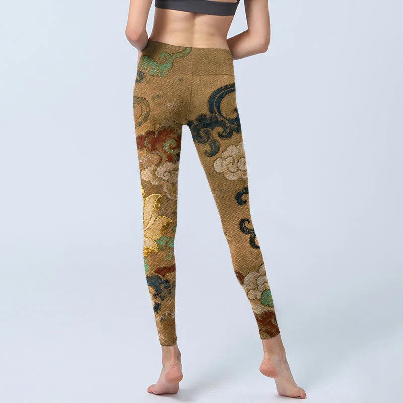 Buddha Stones Leggings da palestra con stampa tradizionale di fiori di loto e nuvole, pantaloni da yoga da donna - Image 7