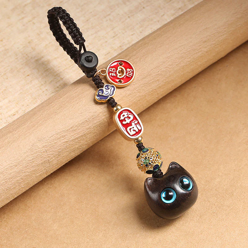 Buddha Stones Legno di ebano Gatto fortunato Nuvola di buon auspicio Pace Portachiavi Telefono Decorazione da appendere - Image 10