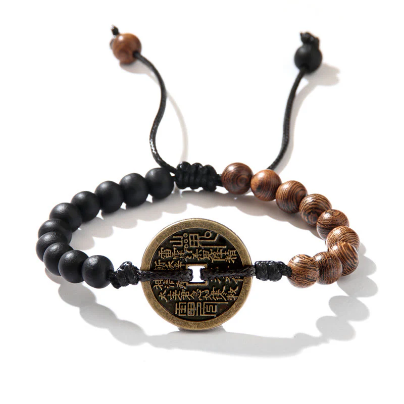 Buddha Stones Legno di ebano Legno di wenge Fantasmi di montagna Spendi soldi Bagua Moneta di rame Bracciale della pace - Image 5