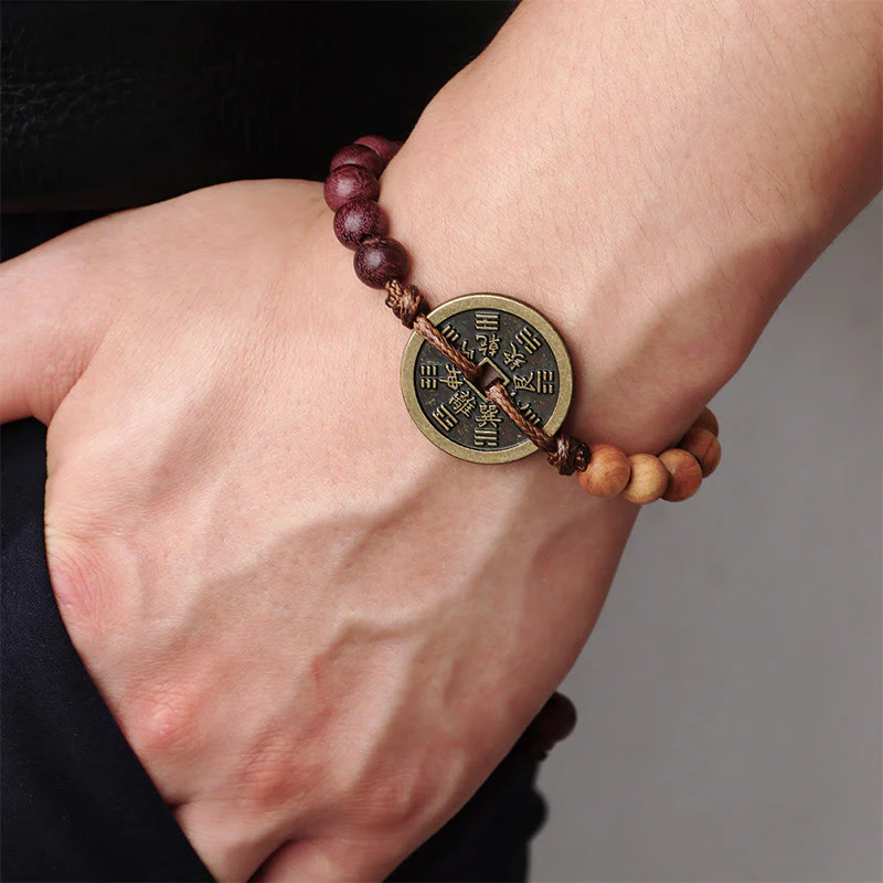 Buddha Stones Legno di ebano Legno di wenge Fantasmi di montagna Spendi soldi Bagua Moneta di rame Bracciale della pace - Image 9