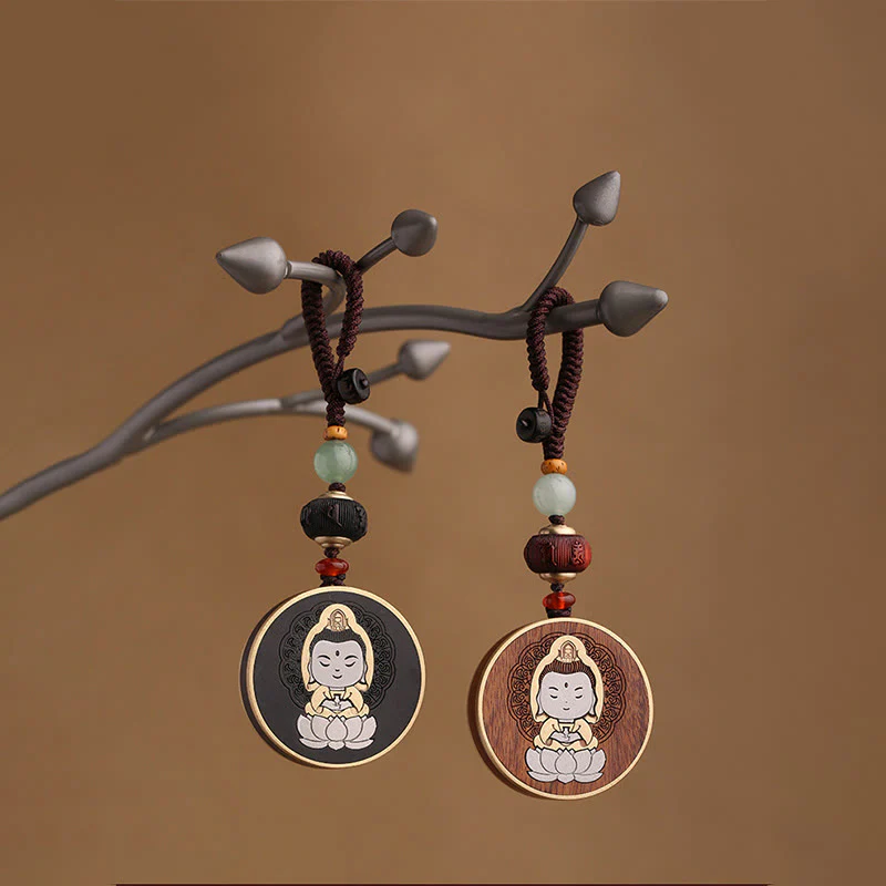 Buddha Stones Legno di ebano Palissandro Buddha Avalokitesvara Om Mani Padme Hum Equilibrio Decorazione della catena chiave dell'auto - Image 26