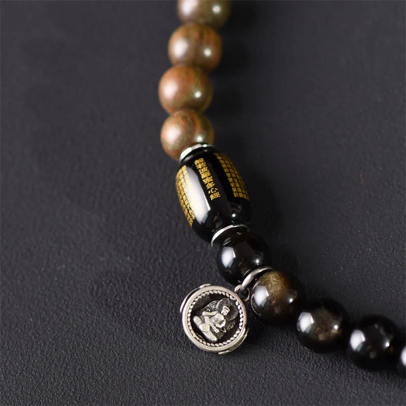 Bracciale a doppio giro in ossidiana, sandalo verde tibetano, lucentezza dorata e equilibrio della pace, Buddha Stones - Image 11
