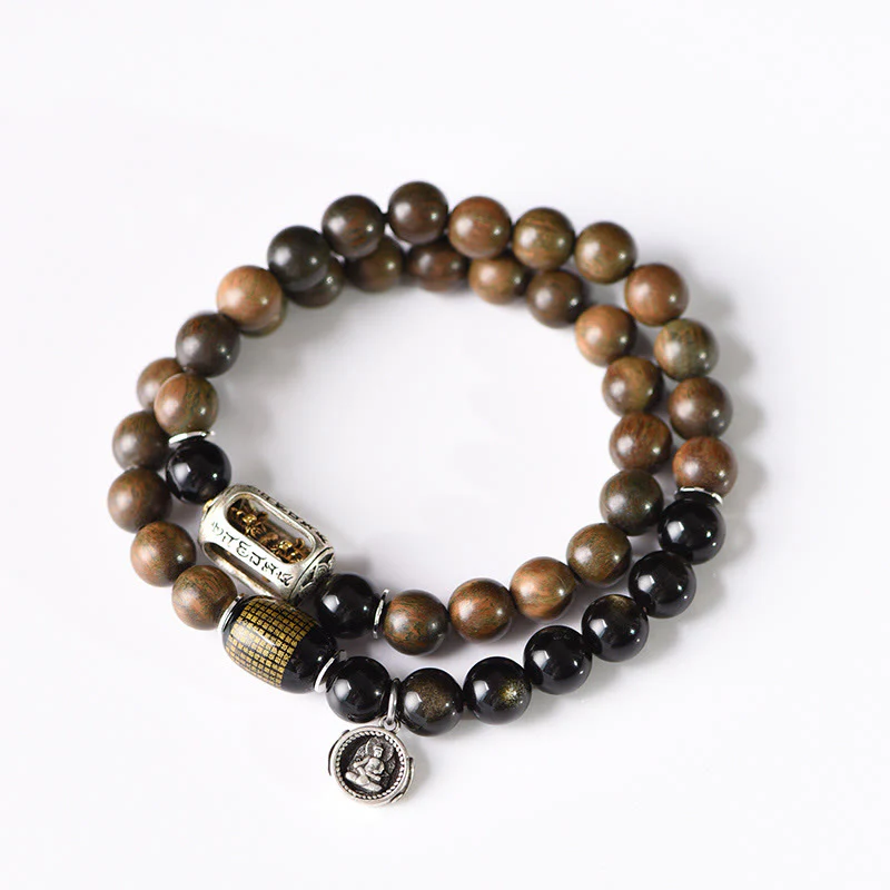 Bracciale a doppio giro in ossidiana, sandalo verde tibetano, lucentezza dorata e equilibrio della pace, Buddha Stones - Image 16