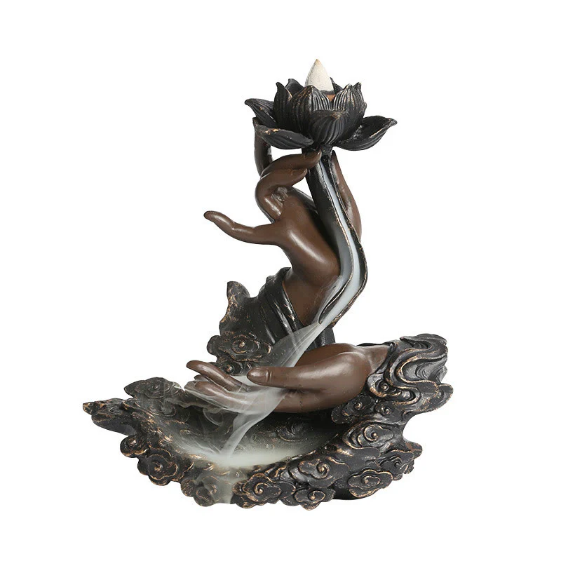 Buddha Stones Loto Mano di Buddha Nuvole di Buon Auspicio Modello Meditazione Resina Bruciatore di Incenso a Riflusso - Image 7
