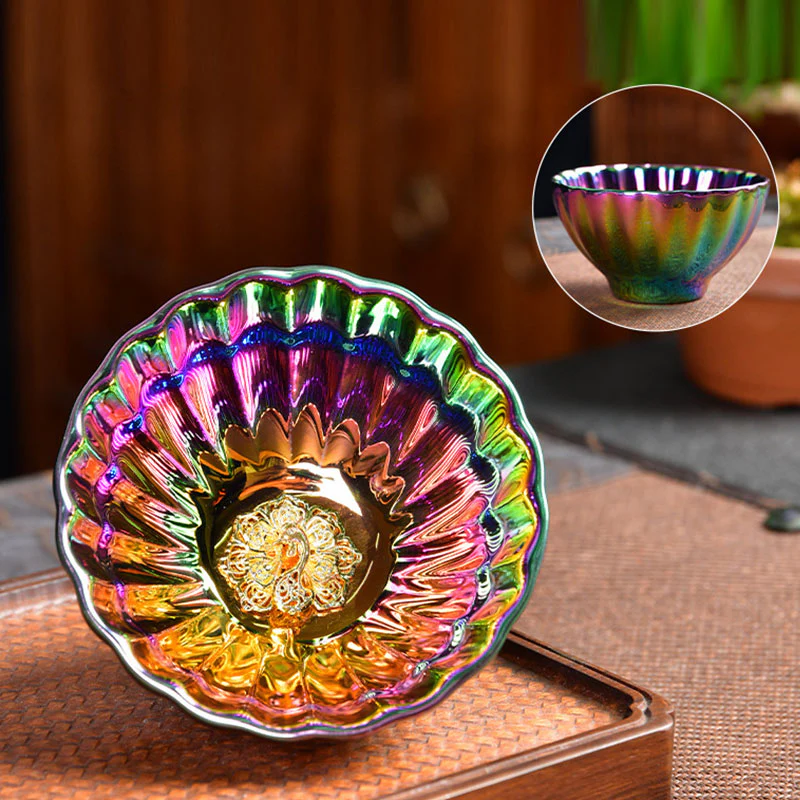 Buddha Stones Loto Pavone Intarsiato Multicolore Cinese Jianzhan Tazza da Tè in Ceramica Tazza da Tè Kung Fu - Image 10
