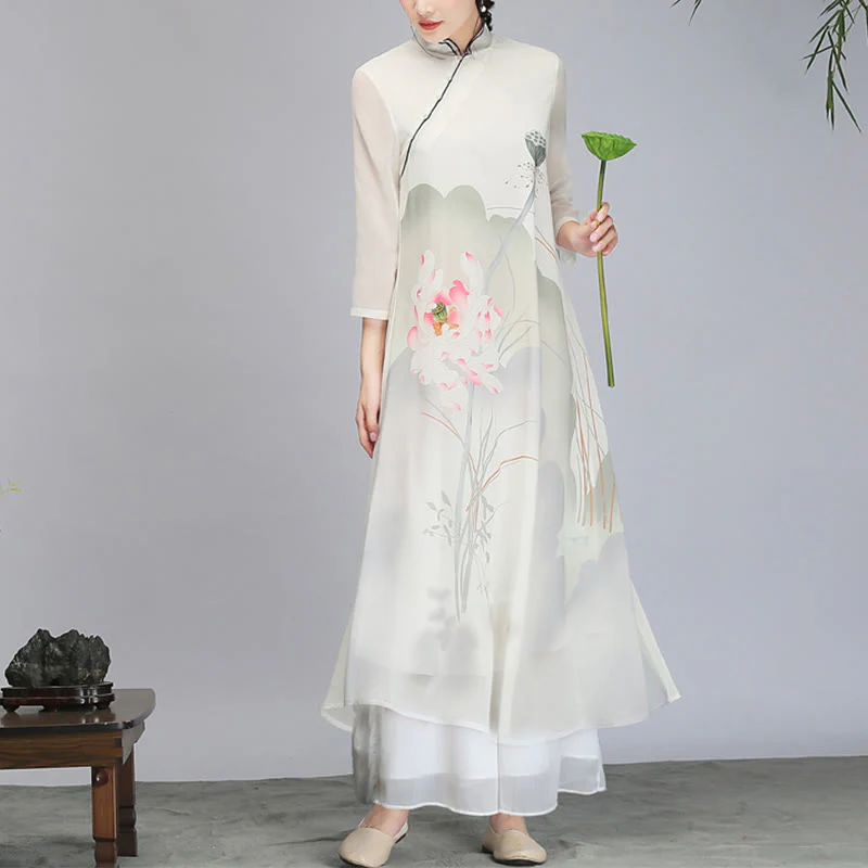 Buddha Stones Lotus Flower Pod Chiffon Cheongsam Midi Dress Meditazione Zen Pratica Abbigliamento - Image 3