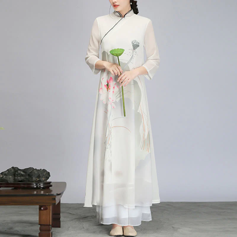 Buddha Stones Lotus Flower Pod Chiffon Cheongsam Midi Dress Meditazione Zen Pratica Abbigliamento - Image 4