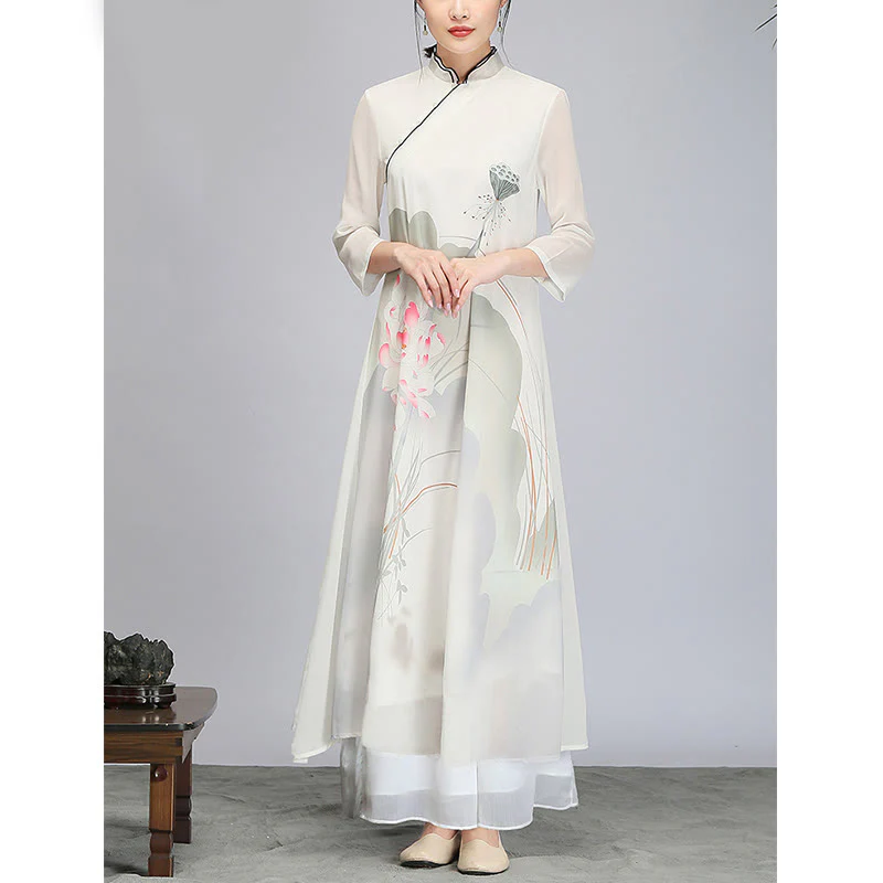 Buddha Stones Lotus Flower Pod Chiffon Cheongsam Midi Dress Meditazione Zen Pratica Abbigliamento - Image 5
