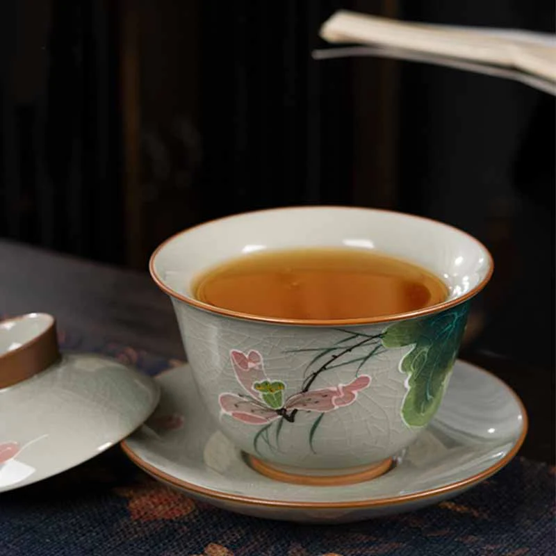 Buddha Stones Lotus Koi Fish Pod Leaf Ceramic Gaiwan Sancai Tazza da tè Kung Fu Tazza da tè e piattino con coperchio 140ml - Image 13
