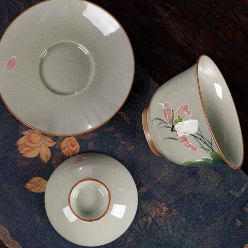 Buddha Stones Lotus Koi Fish Pod Leaf Ceramic Gaiwan Sancai Tazza da tè Kung Fu Tazza da tè e piattino con coperchio 140ml - Image 15