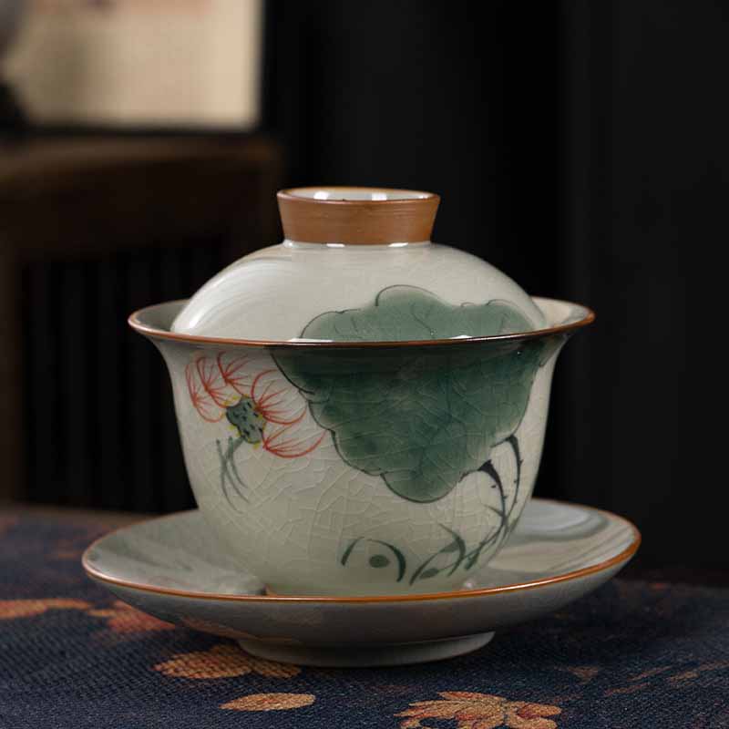 Buddha Stones Lotus Koi Fish Pod Leaf Ceramic Gaiwan Sancai Tazza da tè Kung Fu Tazza da tè e piattino con coperchio 140ml - Image 2