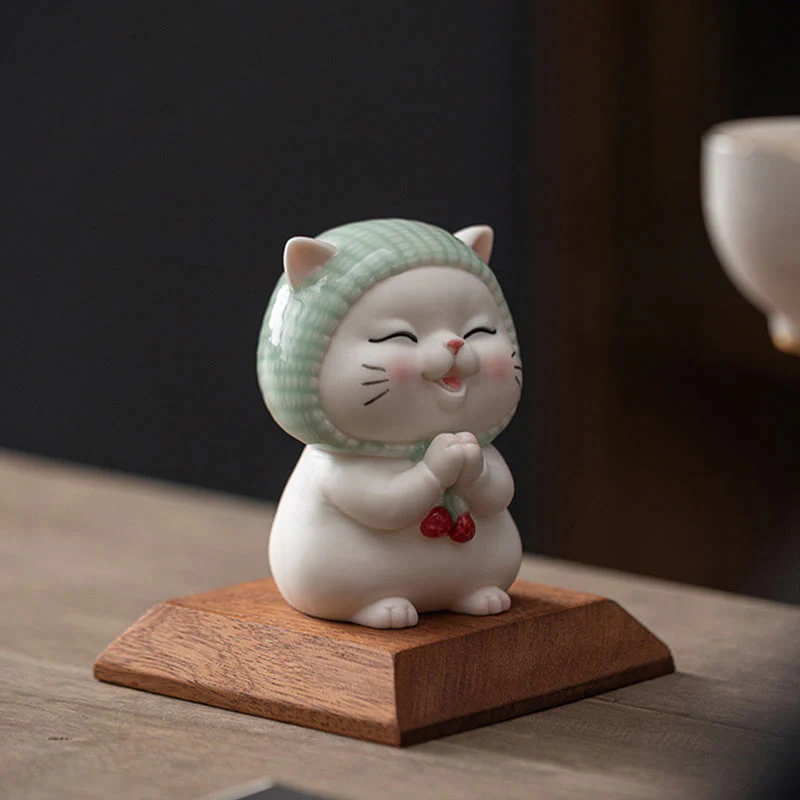 Buddha Stones Lucky Cute Cat In Sciarpa Decorazione Figurina in Ceramica - Image 14