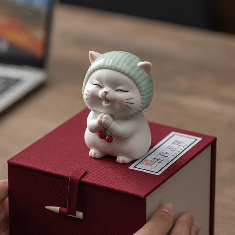 Buddha Stones Lucky Cute Cat In Sciarpa Decorazione Figurina in Ceramica - Image 21