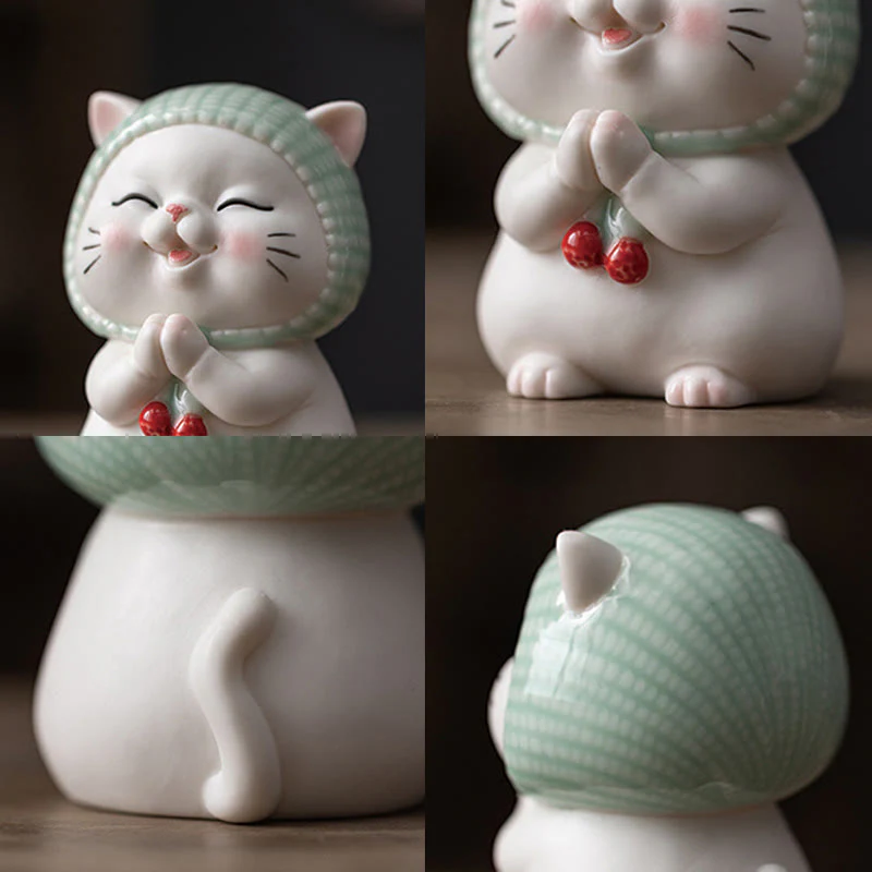 Buddha Stones Lucky Cute Cat In Sciarpa Decorazione Figurina in Ceramica - Image 6