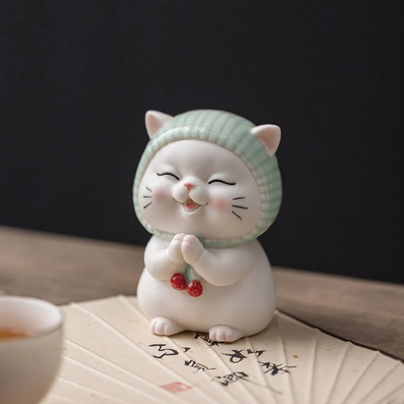 Buddha Stones Lucky Cute Cat In Sciarpa Decorazione Figurina in Ceramica - Image 8