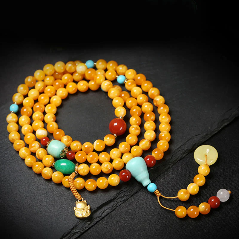 Buddha Stones Mala di ambra con 108 perle, fibbia della pace, gatto fortunato, fortuna di buon auspicio - Image 3