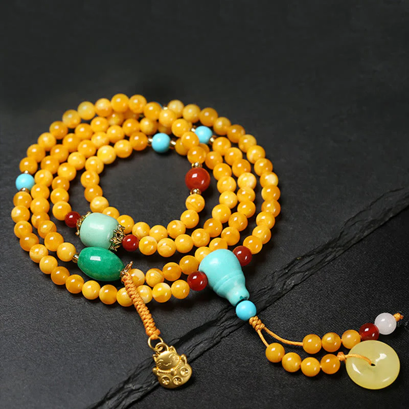 Buddha Stones Mala di ambra con 108 perle, fibbia della pace, gatto fortunato, fortuna di buon auspicio - Image 4