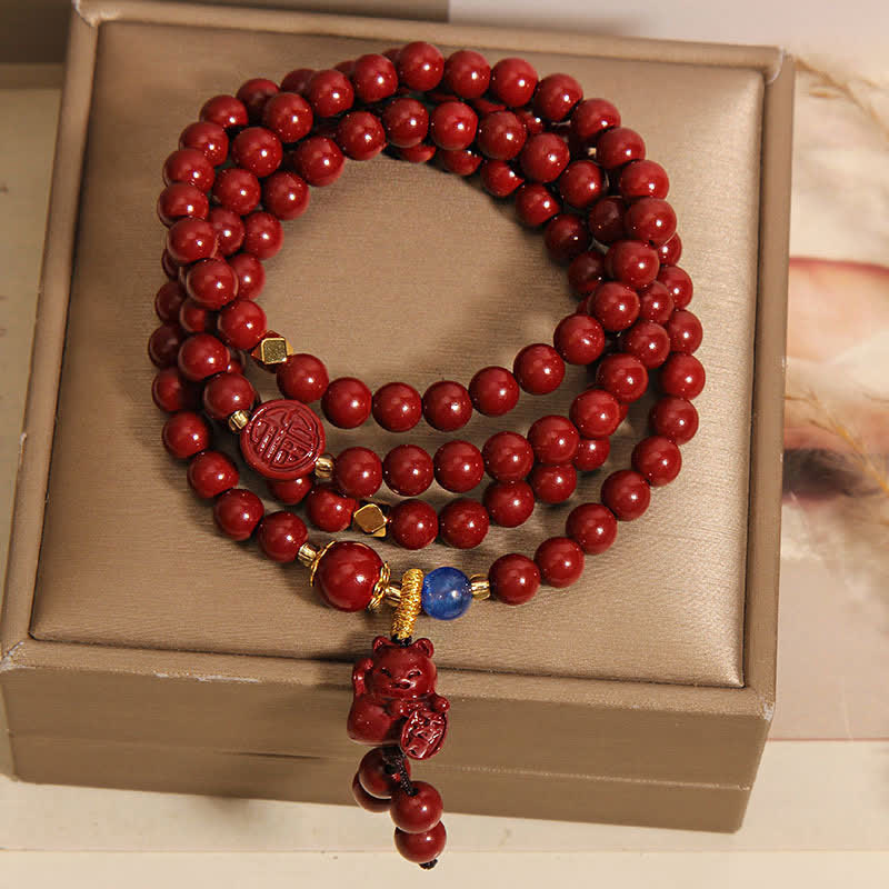 Buddha Stones Mala tibetano con 108 perle di cinabro, gatto portafortuna e personaggio Fu, simbolo della fortuna. - Image 4