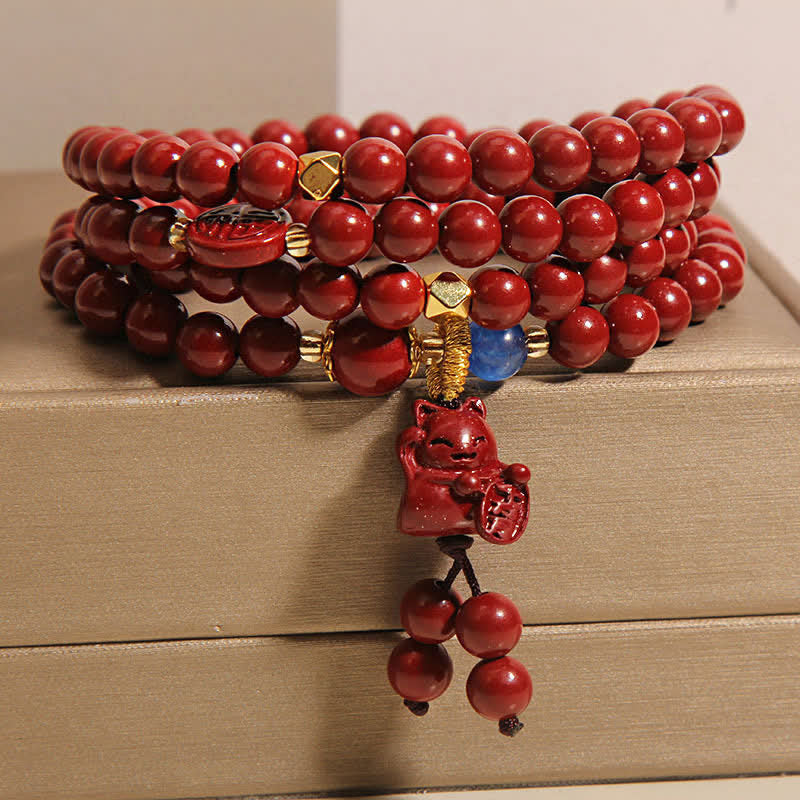Buddha Stones Mala tibetano con 108 perle di cinabro, gatto portafortuna e personaggio Fu, simbolo della fortuna. - Image 8