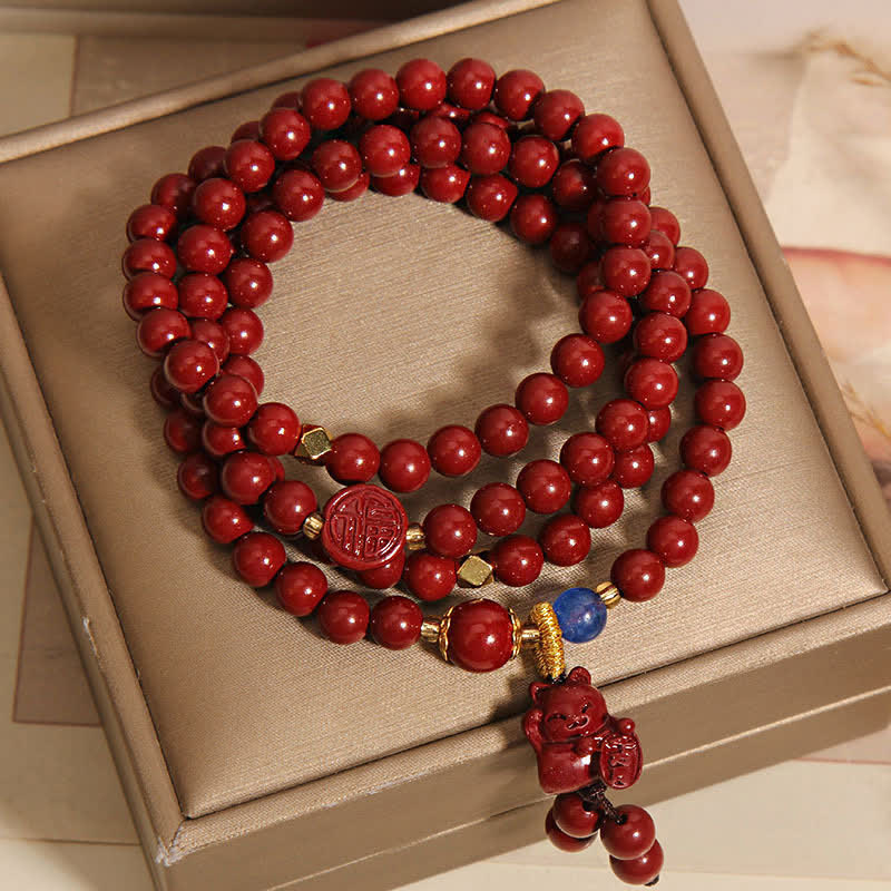Buddha Stones Mala tibetano con 108 perle di cinabro, gatto portafortuna e personaggio Fu, simbolo della fortuna. - Image 9