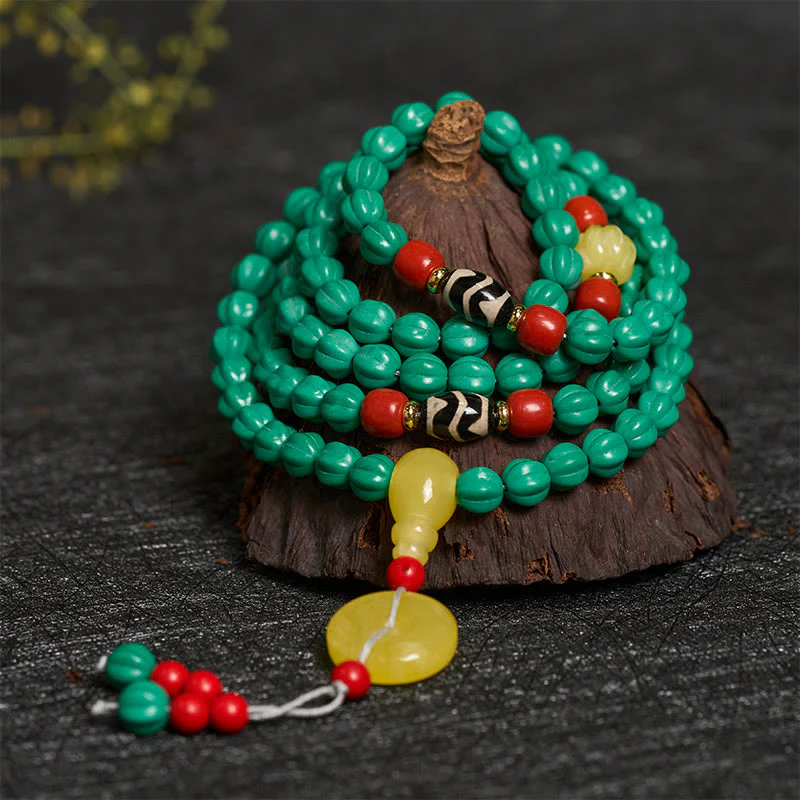 Buddha Stones Mala tibetano di 108 perle turchesi a forma di zucca, perle Dzi per il pensiero positivo - Image 2
