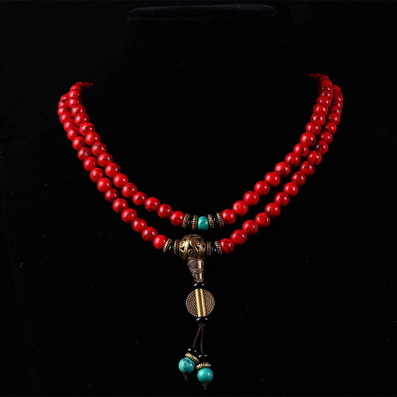 Buddha Stones Mala Tibetano Turchese Rosso Collana Fortunata Bracciale - Image 4