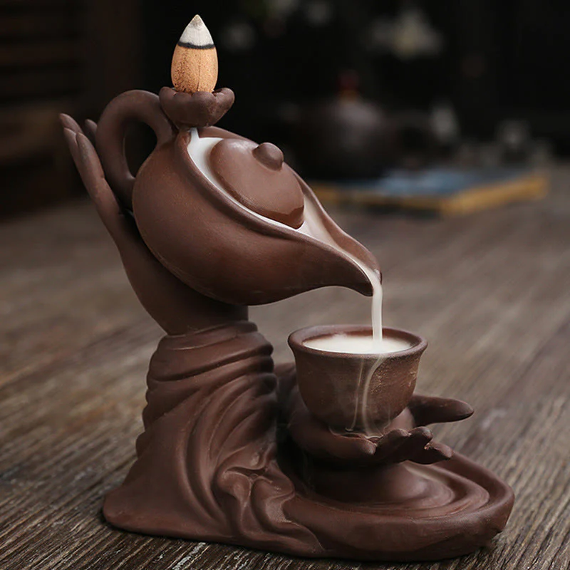 Buddha Stones, mano di Buddha che tiene teiera, tazza, fontana di fumo a riflusso in ceramica, bruciatore di incenso curativo, decorazione - Image 14