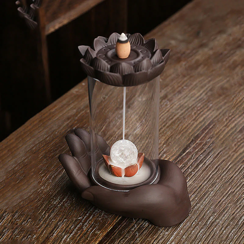 Buddha Stones Mano di Buddha Loto Illuminazione LED Luce Viola Argilla Ceramica Bruciatore di Incenso Decorazione - Image 11
