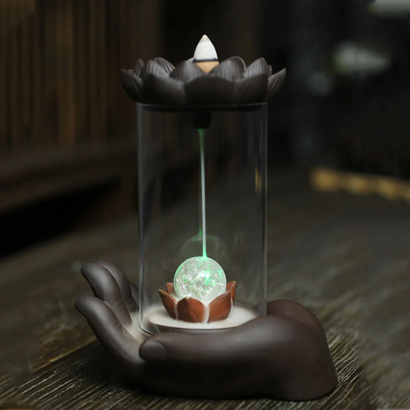 Buddha Stones Mano di Buddha Loto Illuminazione LED Luce Viola Argilla Ceramica Bruciatore di Incenso Decorazione - Image 12