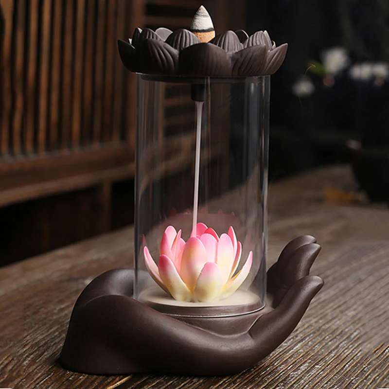 Buddha Stones Mano di Buddha Loto Illuminazione LED Luce Viola Argilla Ceramica Bruciatore di Incenso Decorazione - Image 6