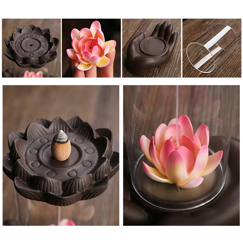 Buddha Stones Mano di Buddha Loto Illuminazione LED Luce Viola Argilla Ceramica Bruciatore di Incenso Decorazione - Image 7