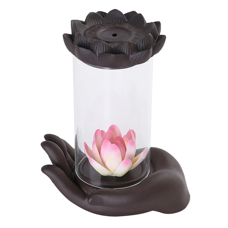 Buddha Stones Mano di Buddha Loto Illuminazione LED Luce Viola Argilla Ceramica Bruciatore di Incenso Decorazione - Image 8