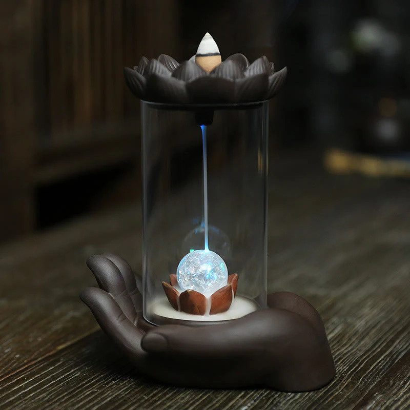 Buddha Stones Mano di Buddha Loto Illuminazione LED Luce Viola Argilla Ceramica Bruciatore di Incenso Decorazione - Image 9