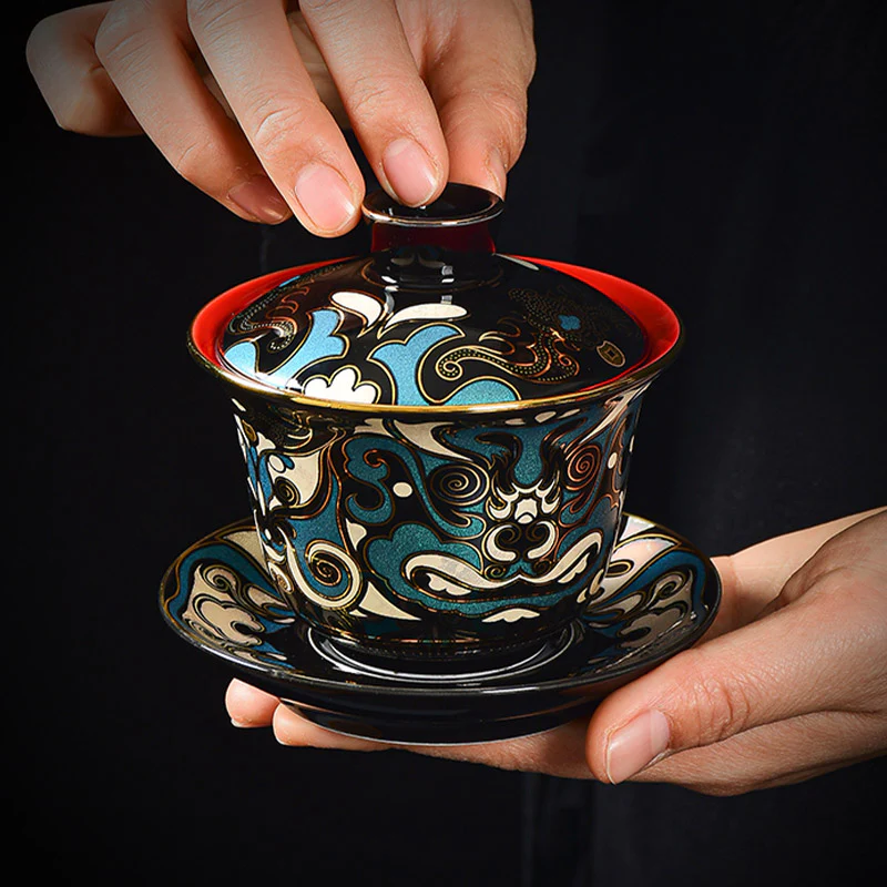 Buddha Stones Maschera dell'Opera di Pechino Modello Ceramica Gaiwan Sancai Tazza da Tè Kung Fu Tazza da Tè e Piattino con Coperchio Teiera