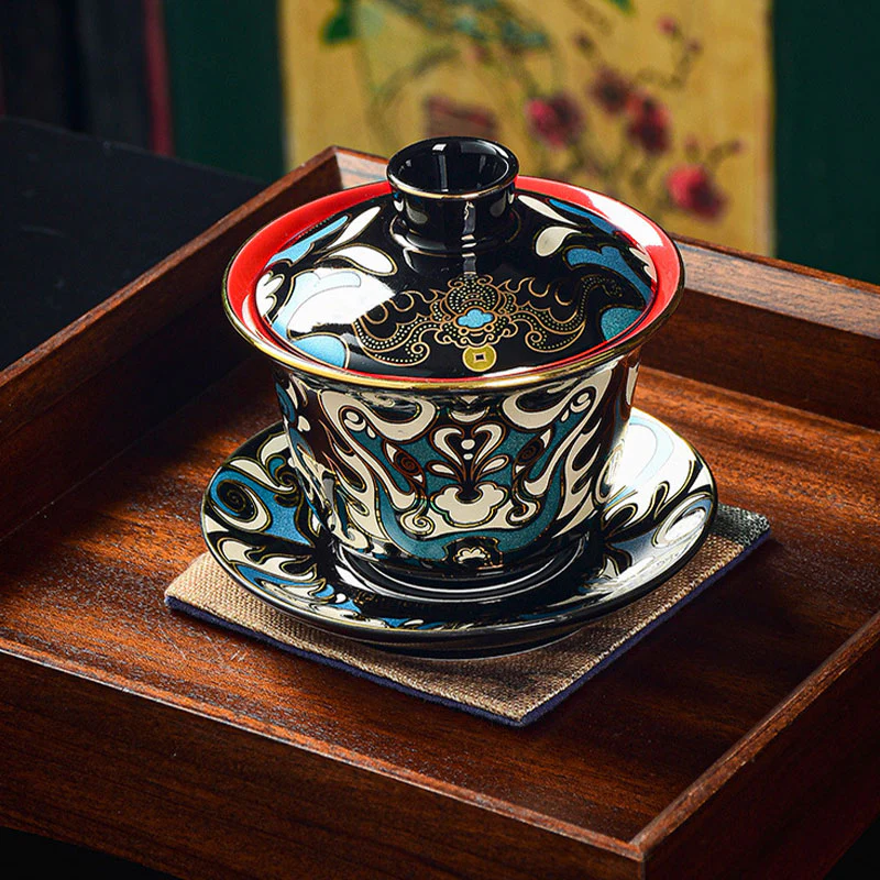 Buddha Stones Maschera dell'Opera di Pechino Modello Ceramica Gaiwan Sancai Tazza da Tè Kung Fu Tazza da Tè e Piattino con Coperchio Teiera - Image 3