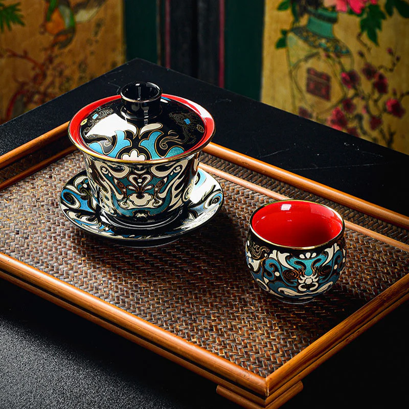Buddha Stones Maschera dell'Opera di Pechino Modello Ceramica Gaiwan Sancai Tazza da Tè Kung Fu Tazza da Tè e Piattino con Coperchio Teiera - Image 5